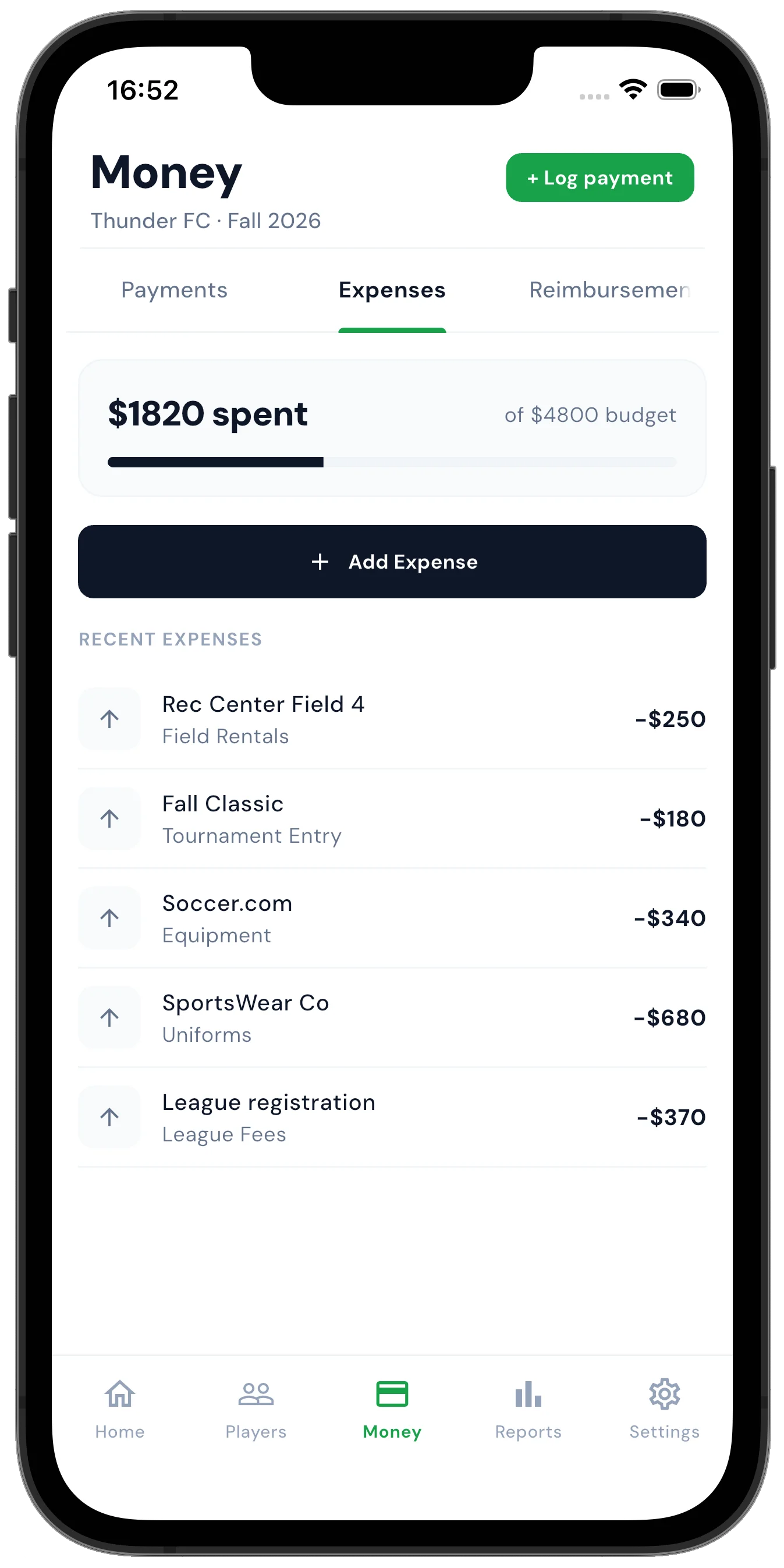 Cleatbook expenses screen tracking spending against the season budget