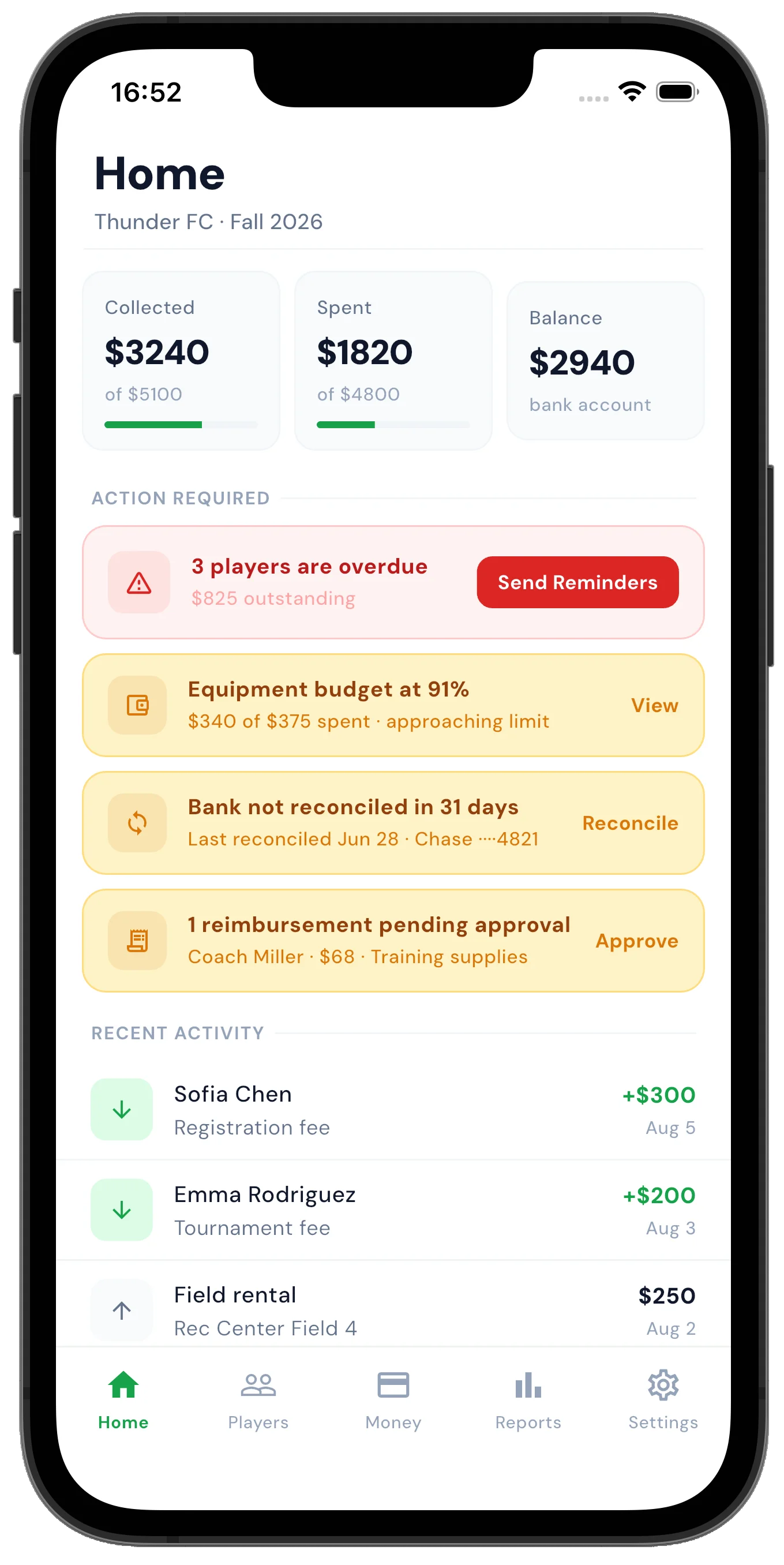 Cleatbook home dashboard showing collected, spent, and balance