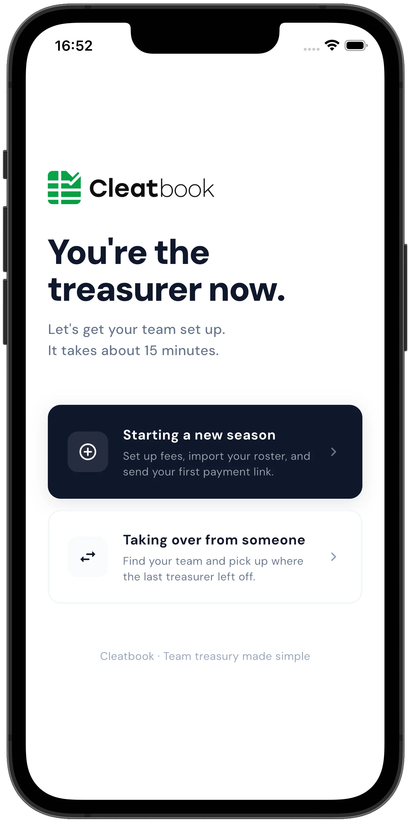 Cleatbook onboarding welcome screen for a new team treasurer