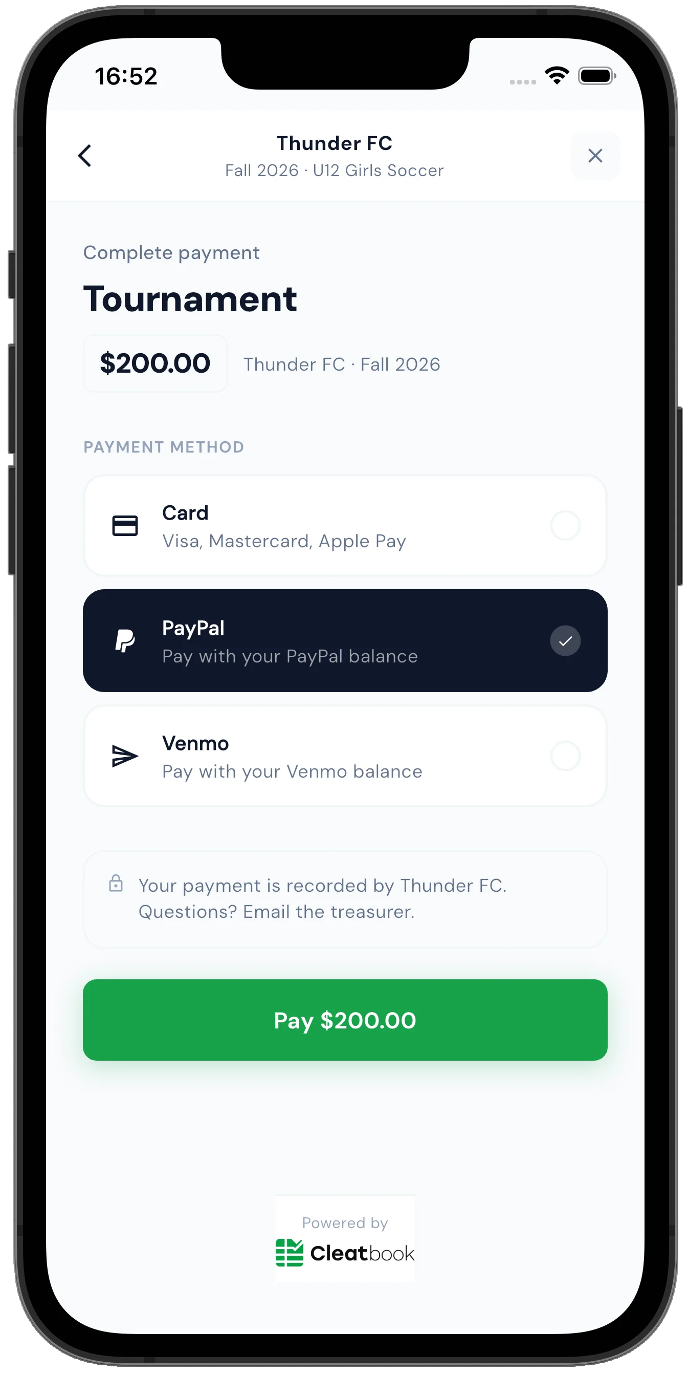Cleatbook parent payment portal with card, PayPal, and Venmo options