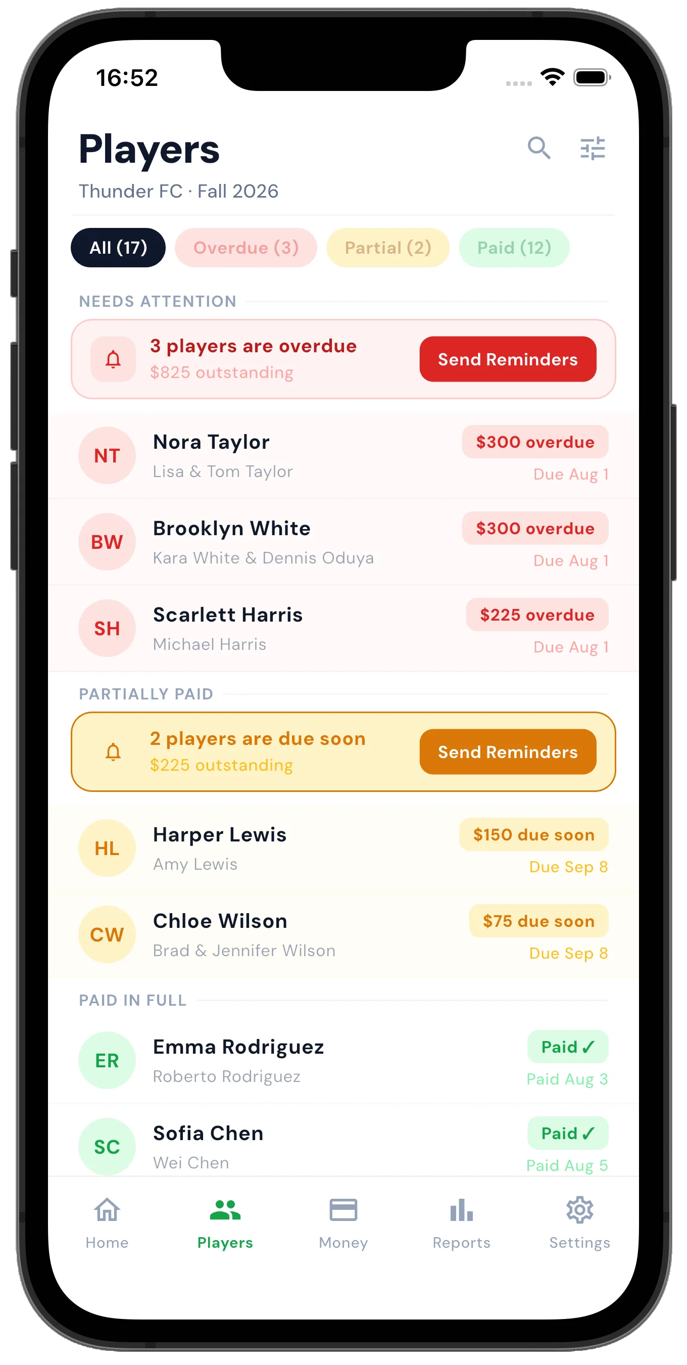 Cleatbook volleyball treasurer app showing payment status for a youth volleyball team roster