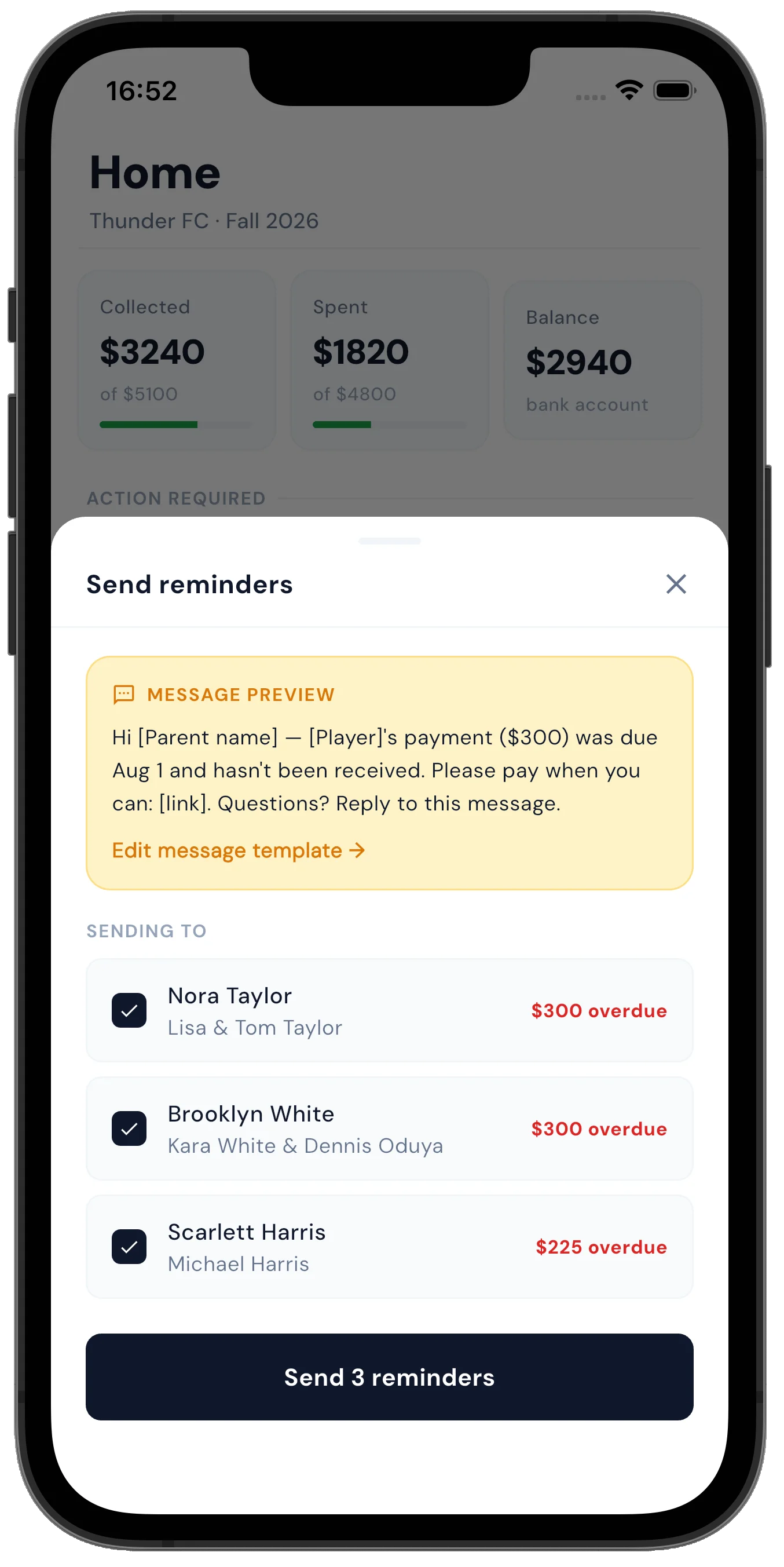 Cleatbook send reminders screen with a pre-written message to overdue parents