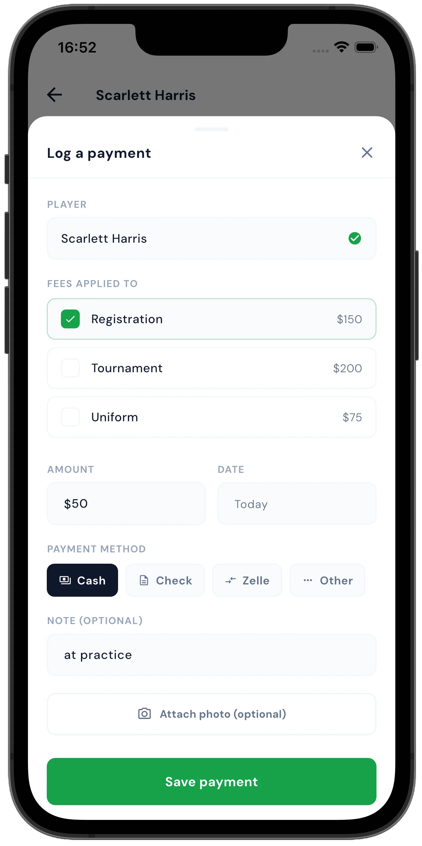 Cleatbook log a payment screen supporting cash, check, Zelle, and more